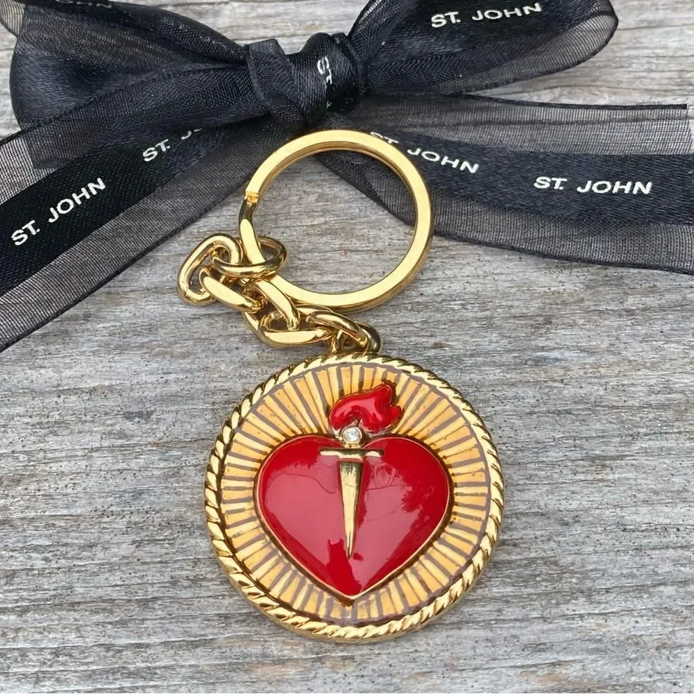 St. John Knits Gold & Red Logo Heart Key Chain/Bag Charm. New Designer Luxury